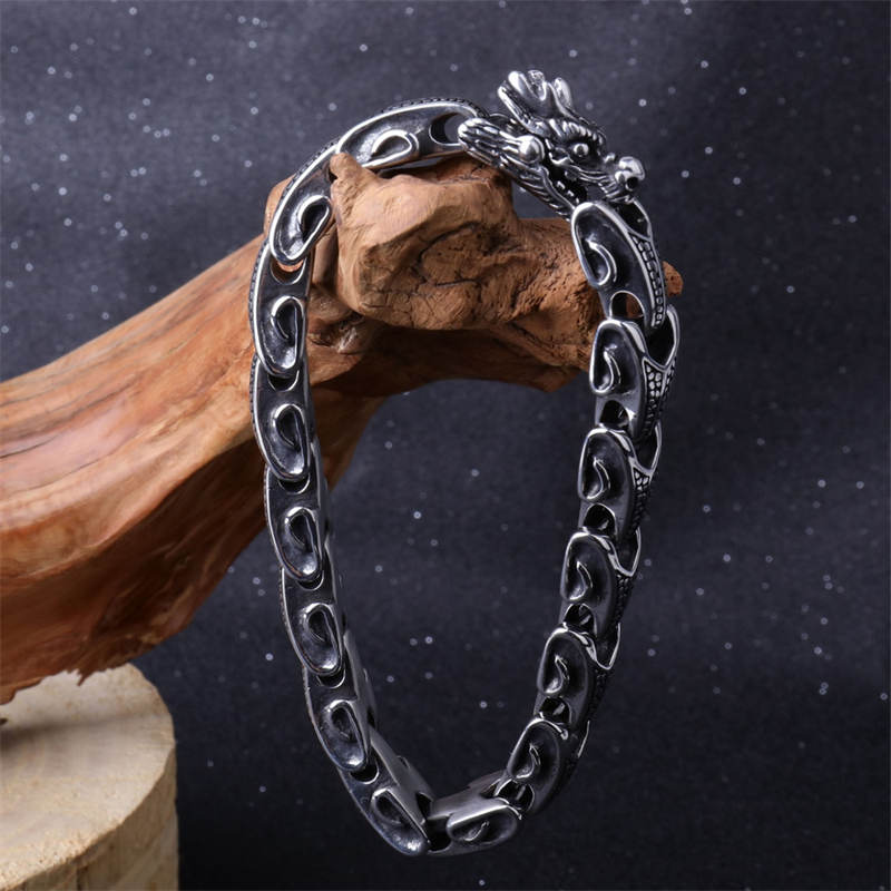Brazalete de pulsera de la suerte de acero y titanio con dragón