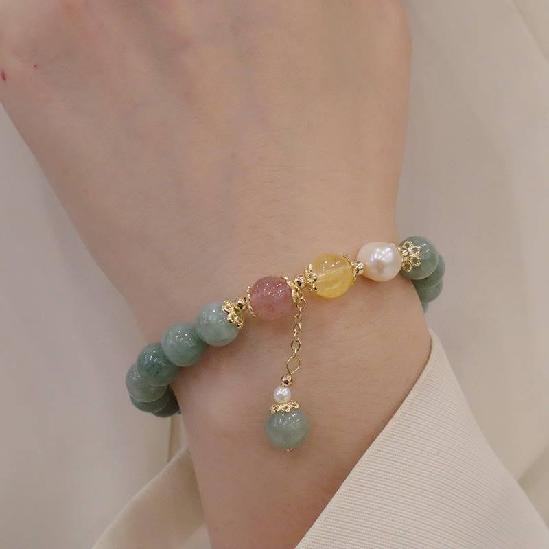 Buddha Stones Jade Perla Fresa Cuarzo Abundancia Suerte Pulsera con dijes de cuentas