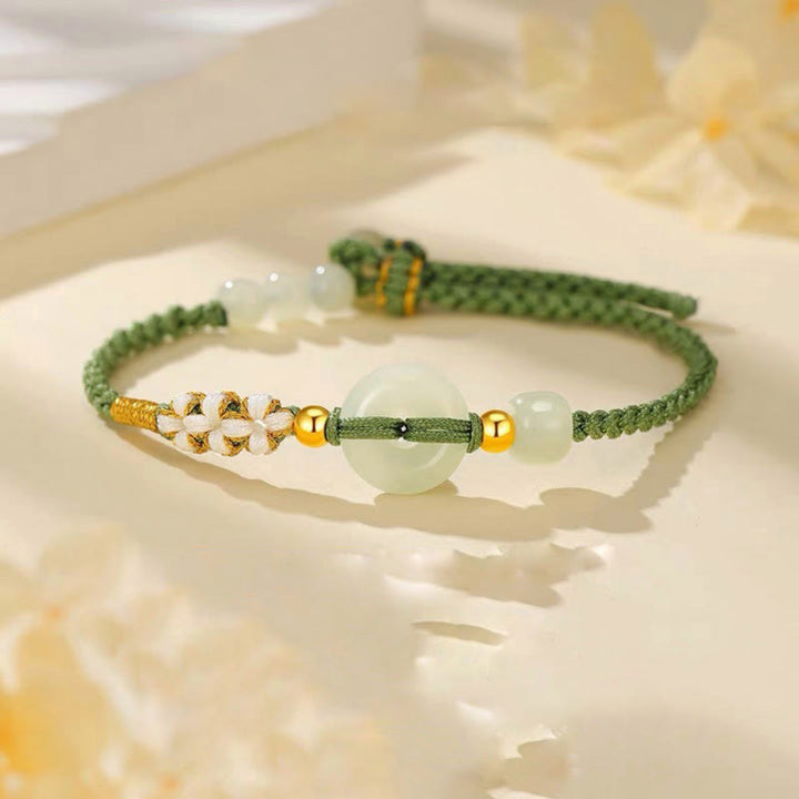 Pulsera trenzada de flor de melocotón de la suerte con hebilla de la paz de jade hetiano de Buddha Stones