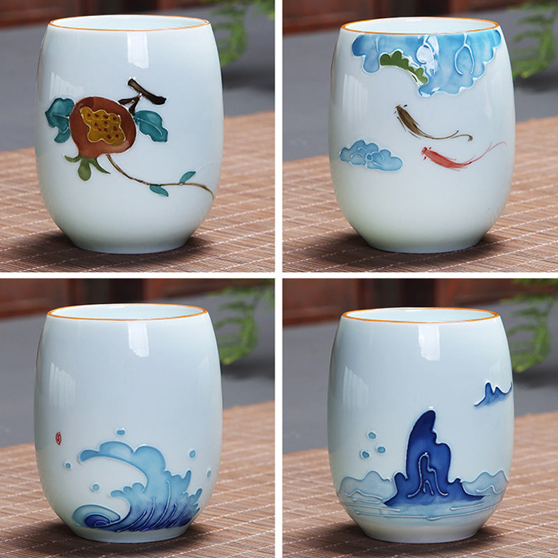 Taza de té de cerámica con Buddha Stones, pez Koi, paisaje de loto, diente de león, flor de peonía, taza de té de Kung Fu