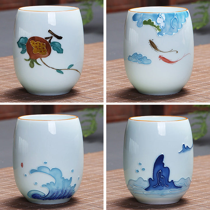 Taza de té de cerámica con Buddha Stones, pez Koi, paisaje de loto, diente de león, flor de peonía, taza de té de Kung Fu