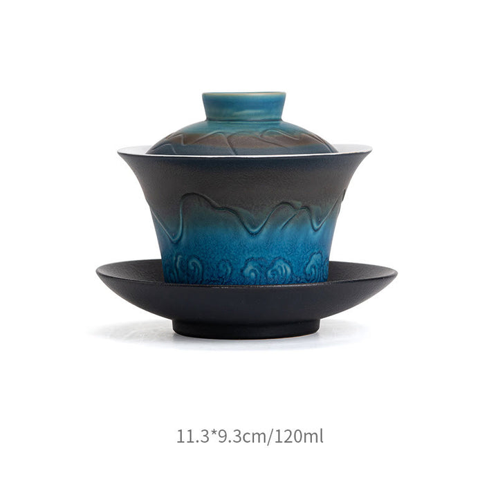 Taza de té de cerámica con gradiente de olas del mar, Retro Azul de Buddha Stones , Gaiwan Sancai, taza de té de Kung Fu y platillo con tapa