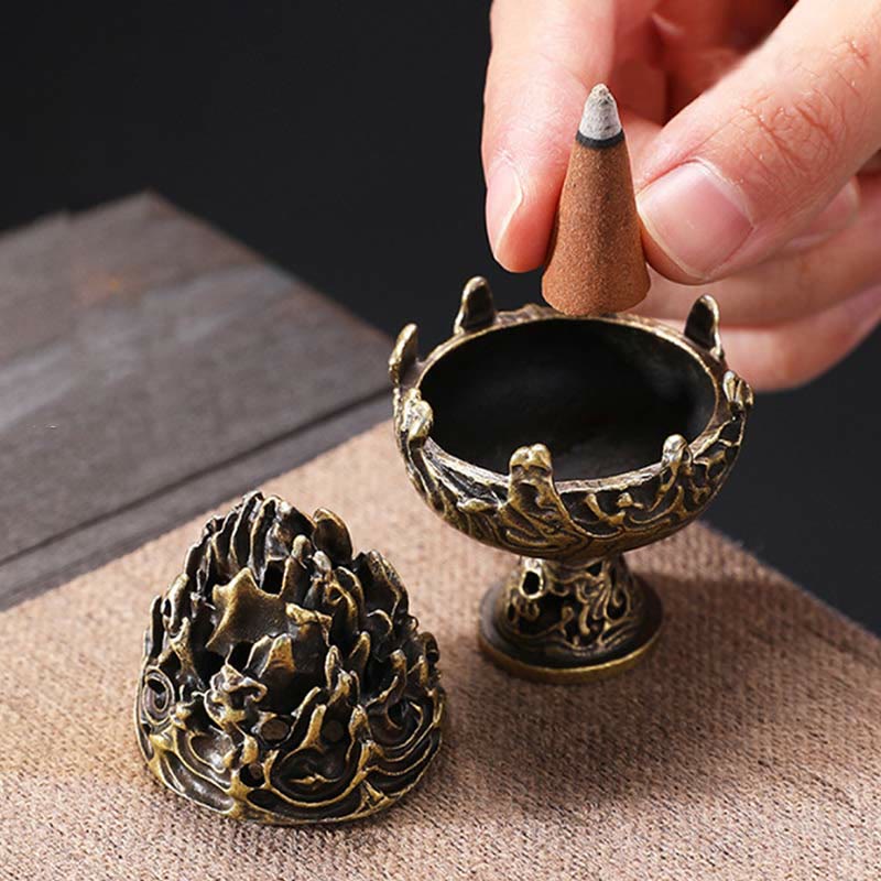 Quemador de incienso tibetano de aleación de cobre para meditación con patrón de montaña Mini