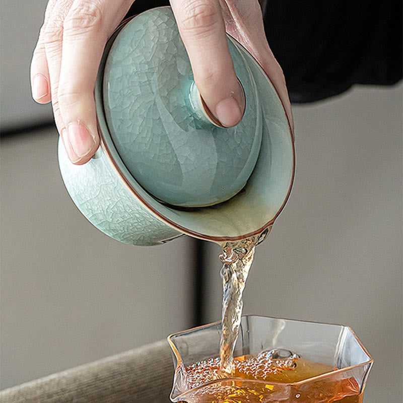 Taza de té y platillo de cerámica con esmalte de hielo, Retro verde, Buddha Stones , Gaiwan Sancai, Kung Fu
