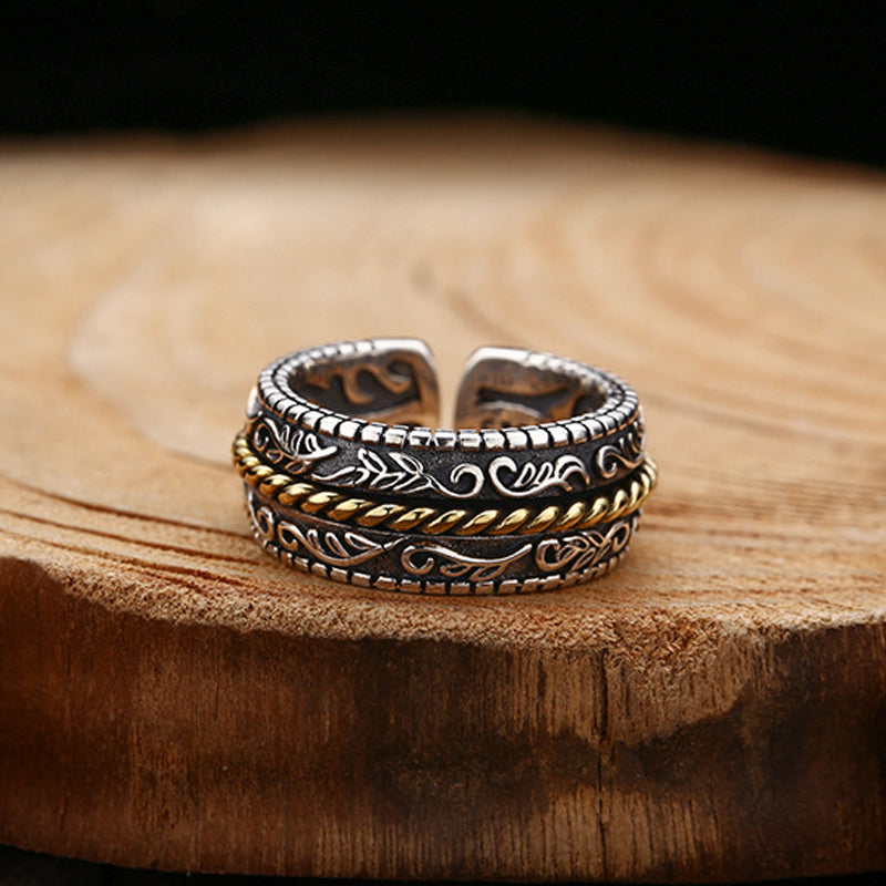 Anillo ajustable de la suerte con diseño de flor de la dinastía Tang de plata de ley 925 con Buddha Stones
