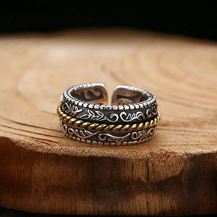 Anillo ajustable de la suerte con diseño de flor de la dinastía Tang de plata de ley 925 con Buddha Stones