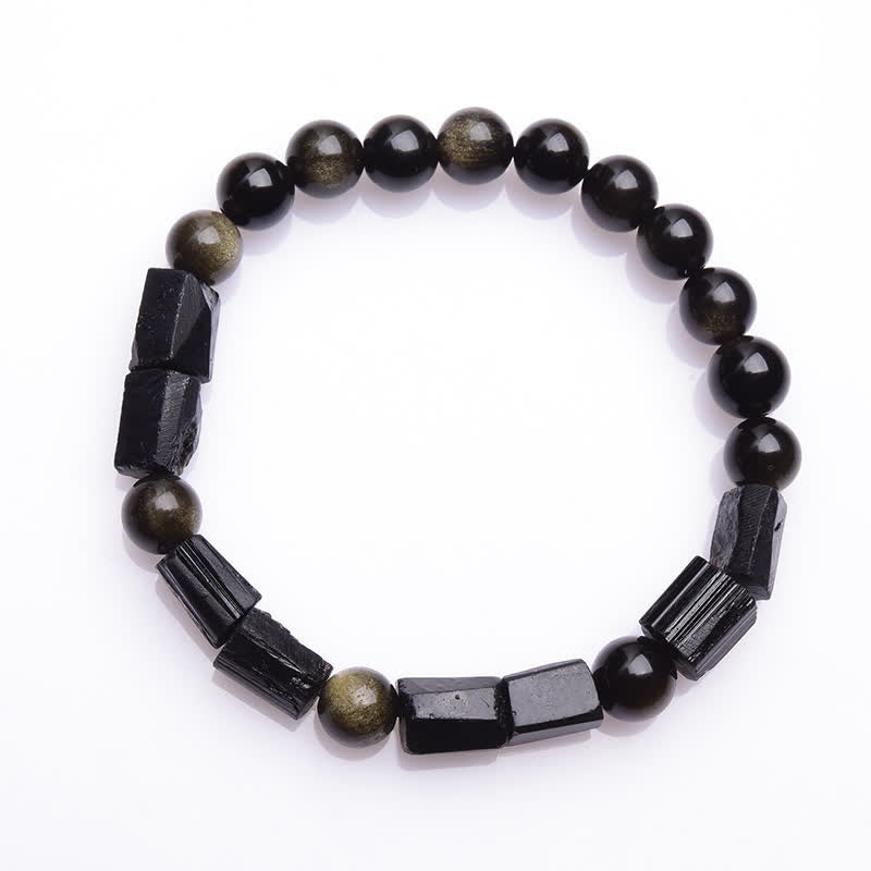 Pulsera de riqueza de turmalina negra obsidiana con brillo dorado de Buddha Stones