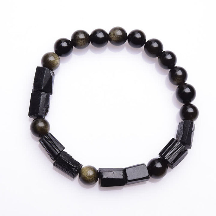 Pulsera de riqueza de turmalina negra obsidiana con brillo dorado de Buddha Stones