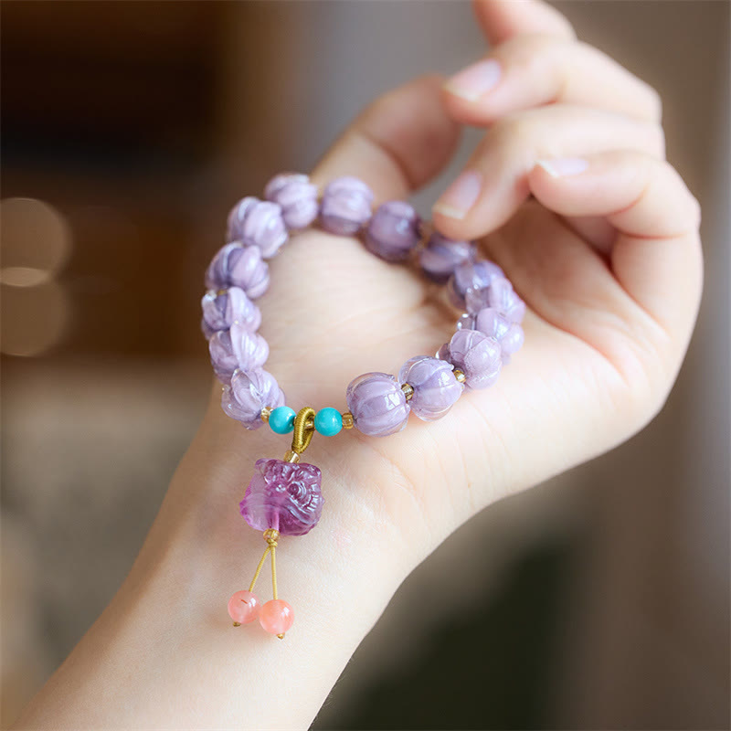 Buddha Stones Liuli cuentas de cristal diseño de loto fluorita marfil fruta bailando León encanto pulsera de iluminación