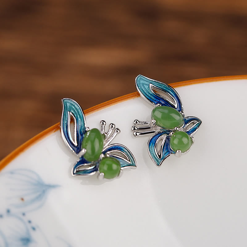 Pendientes curativos de la suerte de mariposa de jade cian natural chapado en plata de ley 925 con Buddha Stones