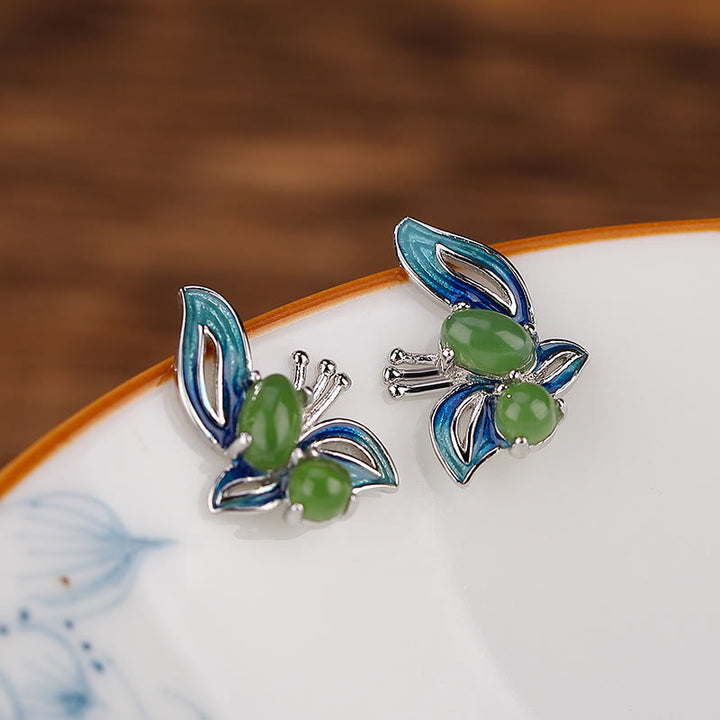 Pendientes curativos de la suerte de mariposa de jade cian natural chapado en plata de ley 925 con Buddha Stones