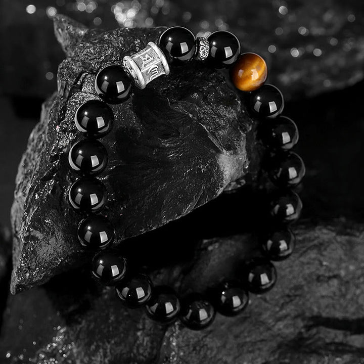 Pulsera de cumplimiento Om Mani Padme Hum de ojo de tigre de obsidiana negra de plata de ley 999 con Buddha Stones