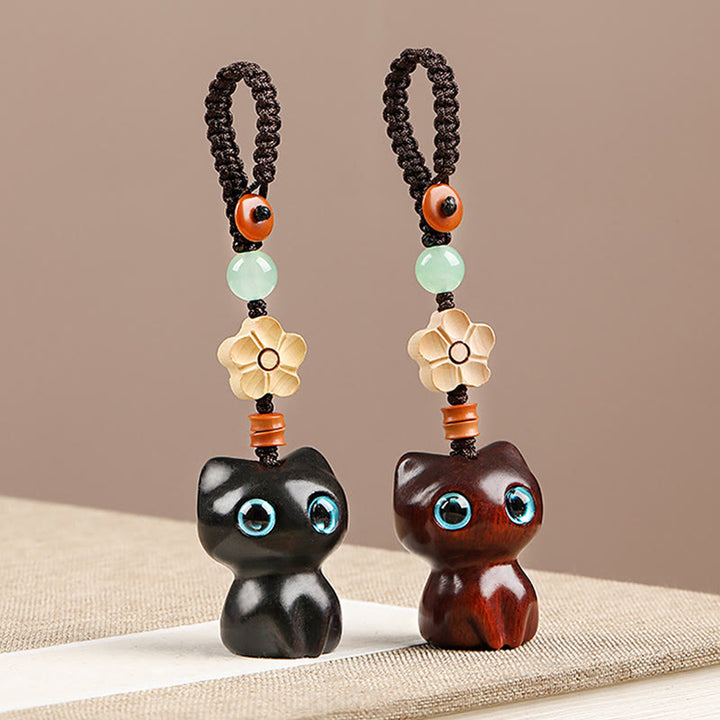 Buddha Stones, Mini hoja pequeña, sándalo rojo, madera de ébano, gato de la suerte, gatito encantador, llavero de la paz, decoración colgante para teléfono