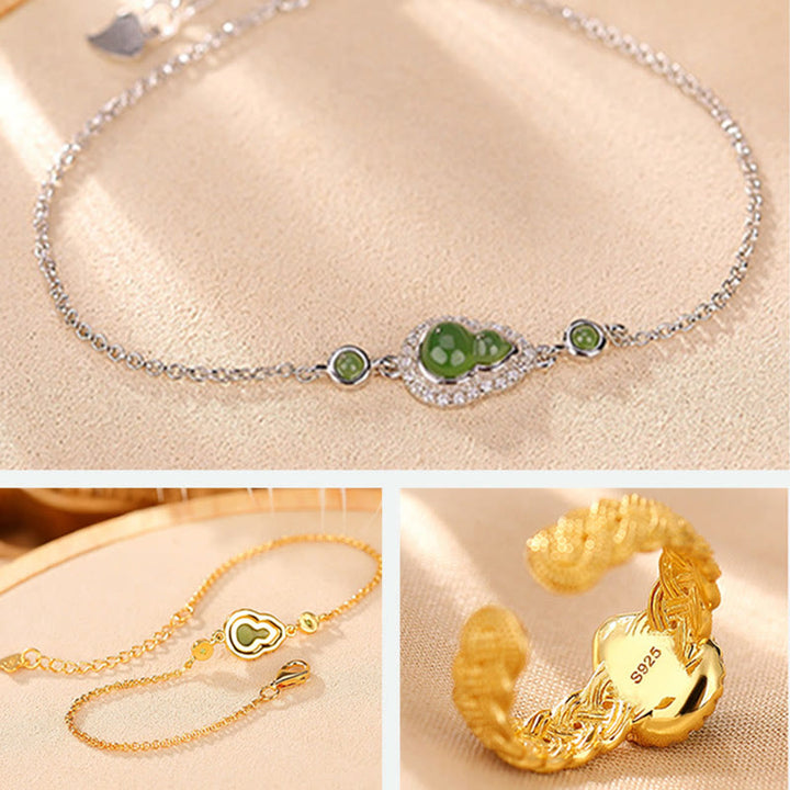 Juego de anillos y pulsera de la suerte con forma de calabaza de jade cian hetiano natural chapado en plata de ley 925 con Buddha Stones