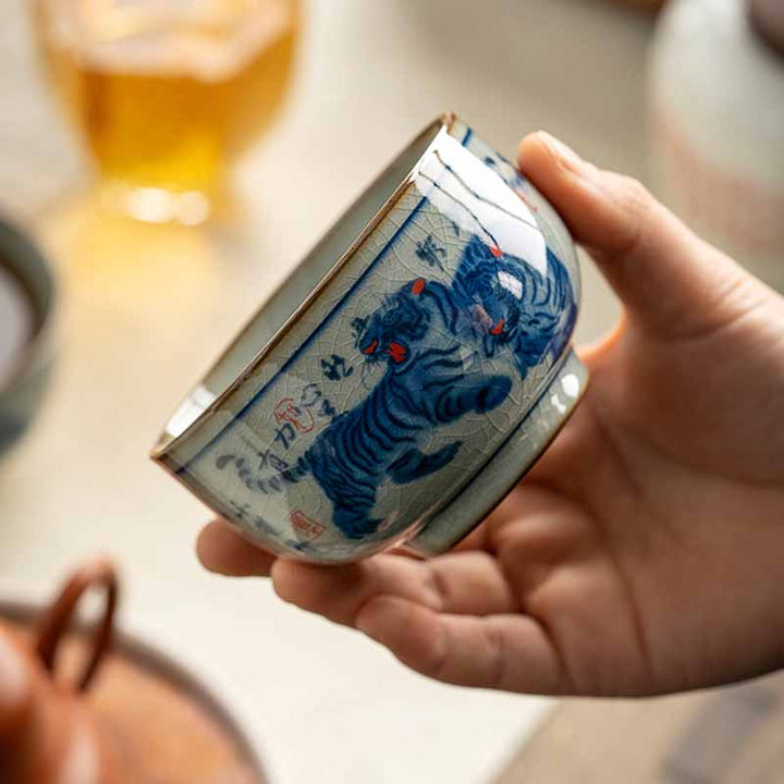 Buddha Stones Jingdezhen pintado a mano lindo tigre taza de té de cerámica Kung Fu taza de té tazón 140ml