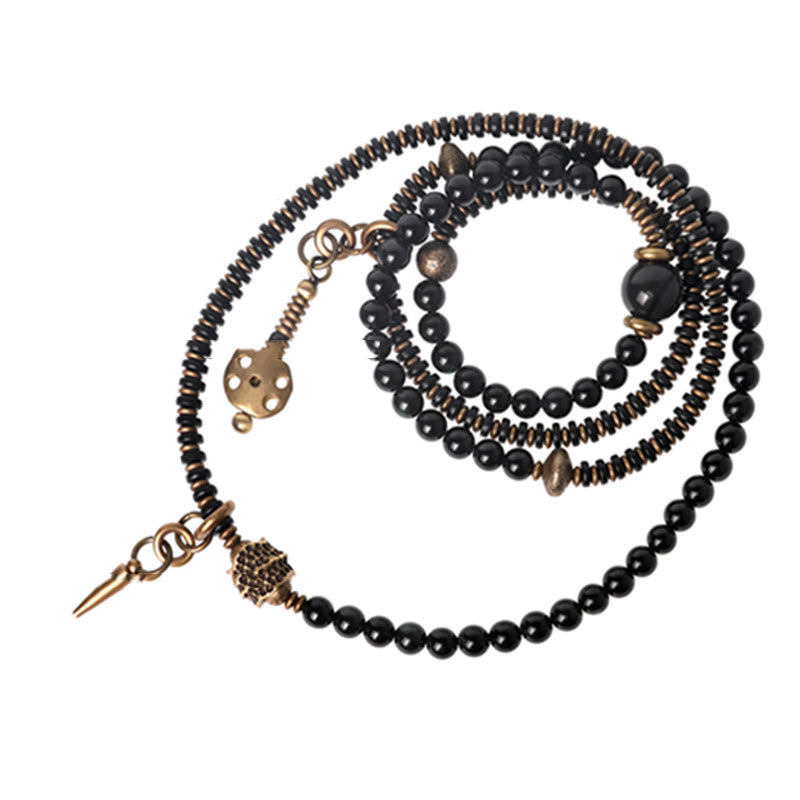 Pulsera multicapa positiva de cobre y madera de ébano, obsidiana, arcoíris , Buddha Stones