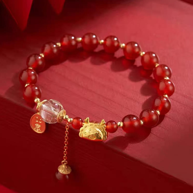 Buddha Stones Año del Dragón Dumpling Ágata Roja Natural Granate Hetian Jade Fu Personaje Suerte Éxito Pulsera