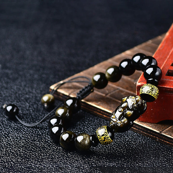 Pulsera trenzada de obsidiana con brillo de oro natural, Buddha Stones , PiXiu Om Mani Padme Hum, riqueza
