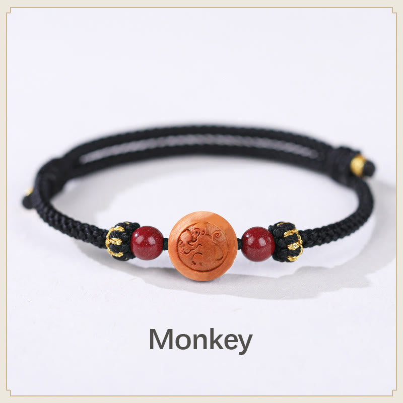 Pulsera de riqueza de cinabrio tallada con carácter del zodíaco chino, madera de melocotón Natural, Buddha Stones - Mono negro (circunferencia de la muñeca: 14-18 cm) - image 23