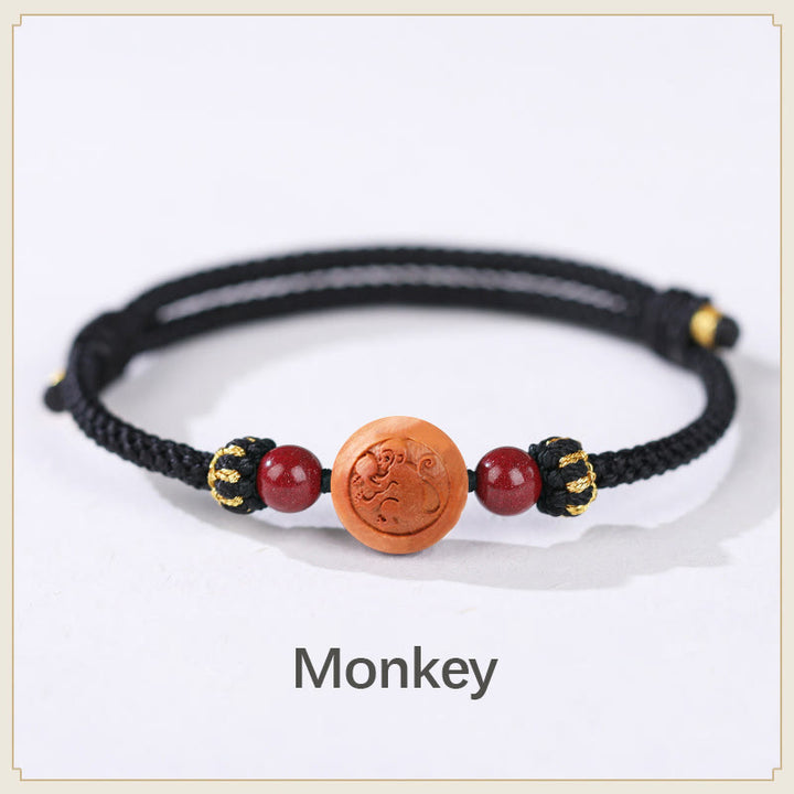 Pulsera de riqueza de cinabrio tallada con carácter del zodíaco chino, madera de melocotón Natural, Buddha Stones - Mono negro (circunferencia de la muñeca: 14-18 cm) - image 23