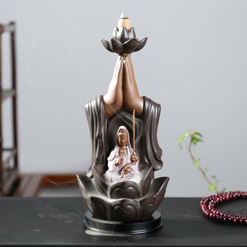 Quemador de incienso de reflujo de bendición de loto de cerámica de Buda Avalokitesvara Chenrezig Ksitigarbha