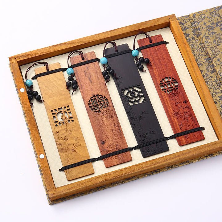 Buddha Stones, 4 Uds., cuatro estaciones, ciruela, orquídea, bambú, crisantemo, ópera de Pekín, marcapáginas de madera con caja de regalo