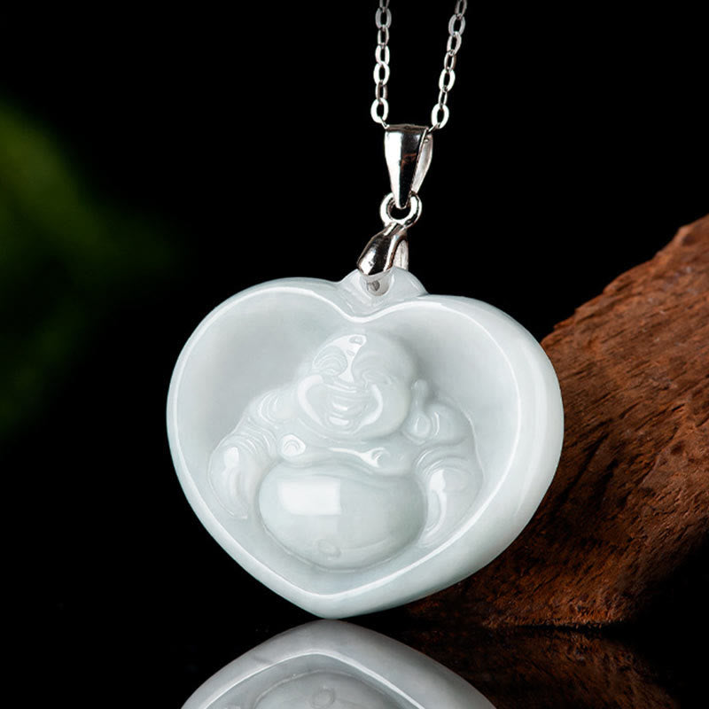 Collar con colgante de cadena de acero de titanio y jade blanco con Buddha Stones sonriente. - image 1