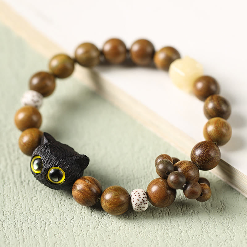 Pulsera calmante de la paz del gato de madera de ébano del sándalo verde de las Buddha Stones - Sándalo verde (curación positiva) (circunferencia de la muñeca: 14-17 cm) - image 1