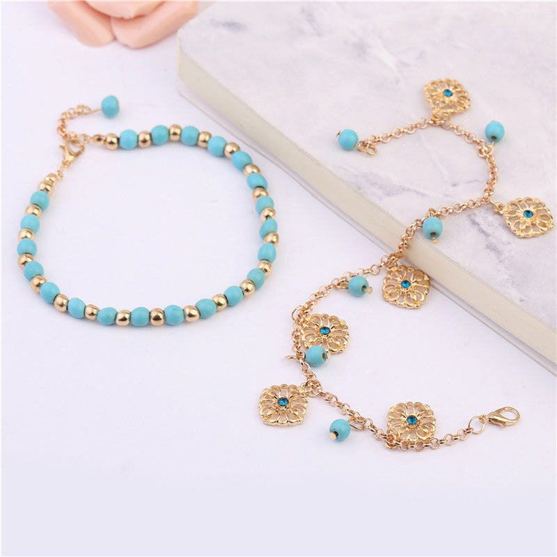 Tobillera con pulsera de protección de flores de piedra turquesa de 2 piezas