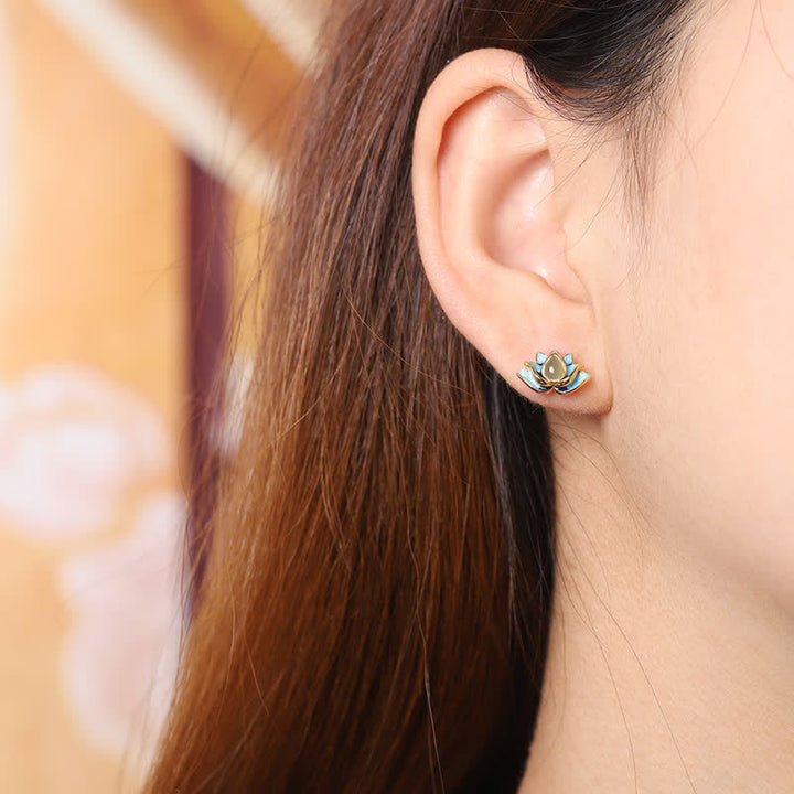 Pendientes de éxito de flor de loto de jade cian hetiano de plata de ley 925