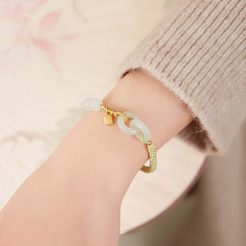 Pulsera trenzada con doble hebilla de paz y cuentas de jade hetiano natural, Buddha Stones, carácter Fu, abundancia