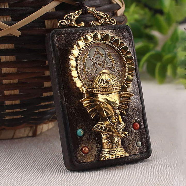 Colgante de cuerda con collar de bendición de Buda, Dios de la fortuna, elefante de madera de ébano