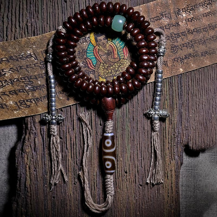 Buddha Stones naturales del Tíbet 108 cuentas de Mala semilla de Bodhi púrpura cuentas Dzi de tres ojos pulsera de armonía Dorje de cobre