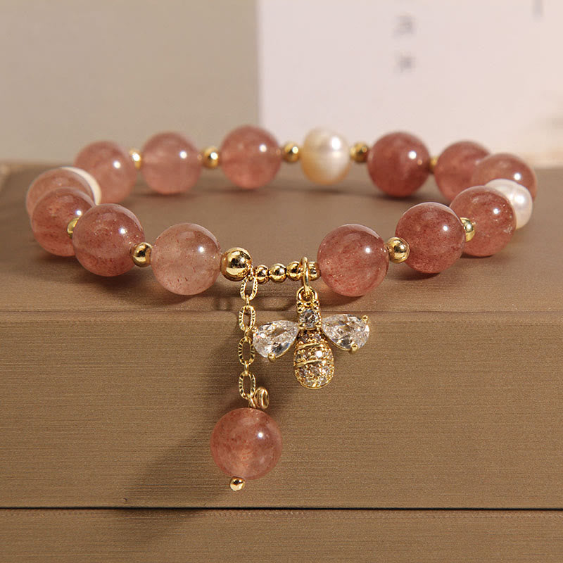 Pulsera con dije positivo de abeja y circonita, Perla de cuarzo fresa y piedras de Buddha Stones