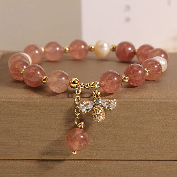 Pulsera con dije positivo de abeja y circonita, Perla de cuarzo fresa y piedras de Buddha Stones