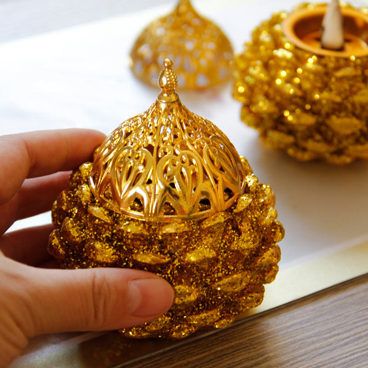 Mini quemador de incienso con diseño de cono de pino dorado, decoración de mesa para el hogar, rituales espirituales