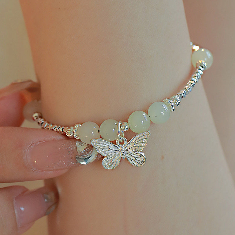 Pulsera con dije de mariposa de la suerte de jade hetiano natural de plata de ley 925 con Buddha Stones