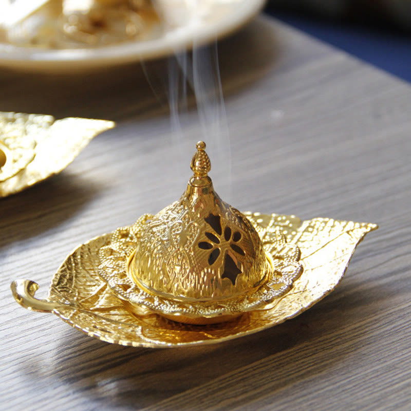 Quemador de incienso de meditación con posavasos de mini hojas de oro tibetano