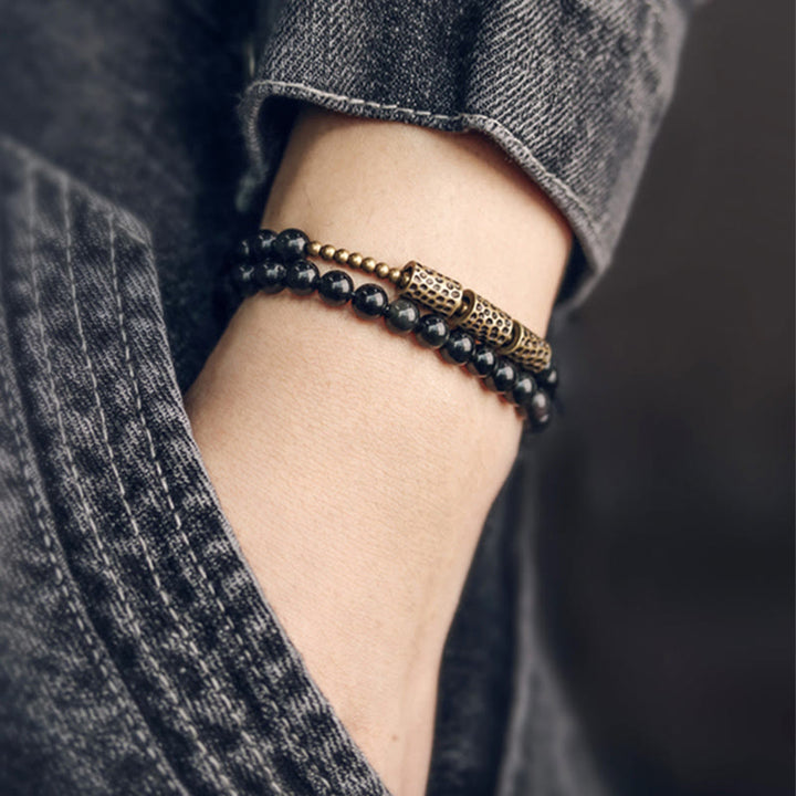Pulsera de doble vuelta de cobre y obsidiana arcoíris con Buddha Stones