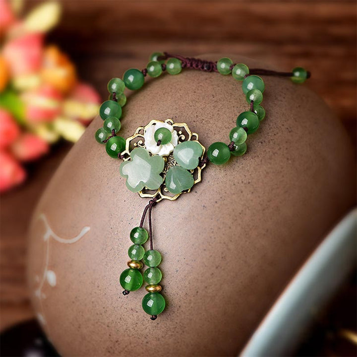 Pulsera de flores colgantes de la suerte de jade verde natural con Buddha Stones