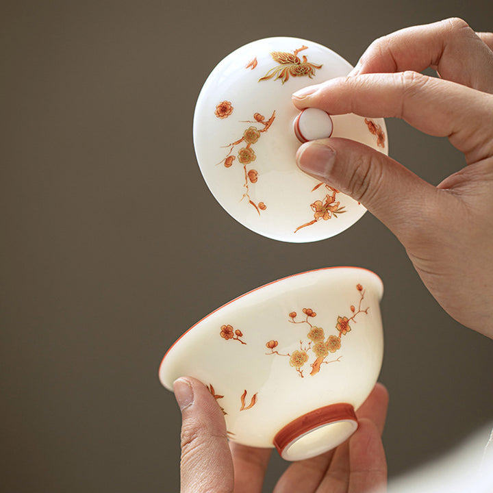 Taza de té y platillo con tapa, Gaiwan Sancai de cerámica, flores de porcelana blanca, Buddha Stones, Kung Fu