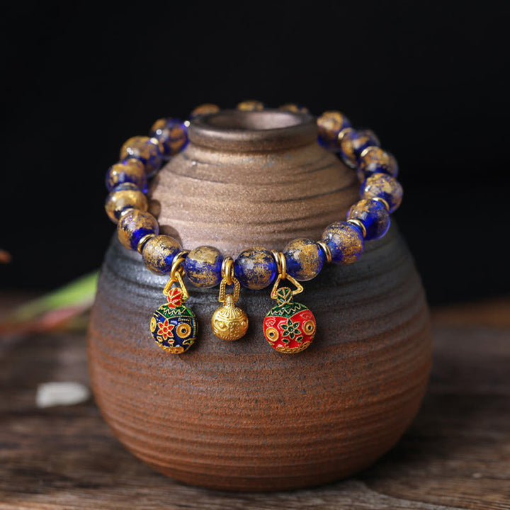Pulsera de bendiciones de cuentas de vidrio Liuli con Buddha Stones, amuleto familiar de bestia tragadora de oro, lámina dorada y plateada