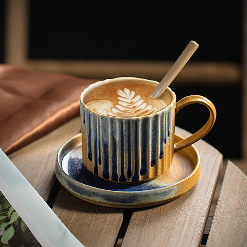Taza de café de cerámica con cambio de horno a rayas Retro de Buddha Stones, taza de café y té de cerámica rugosa con platillo de 250ml