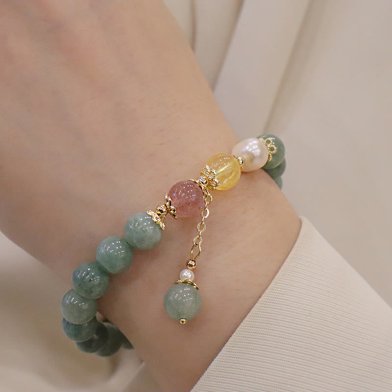 Buddha Stones Jade Perla Fresa Cuarzo Abundancia Suerte Pulsera con dijes de cuentas