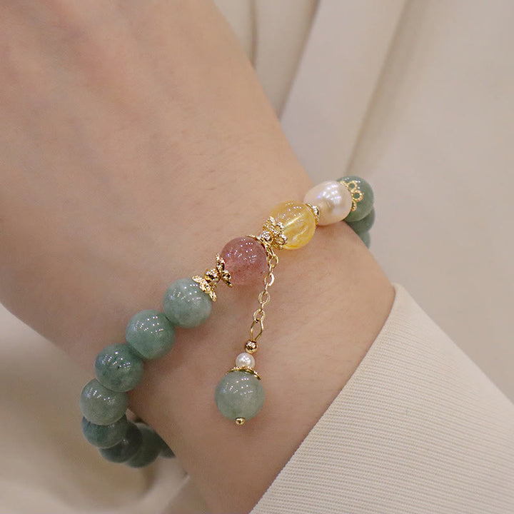 Buddha Stones Jade Perla Fresa Cuarzo Abundancia Suerte Pulsera con dijes de cuentas