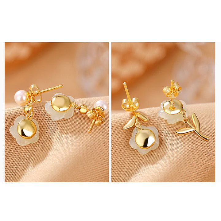 Pendientes de la suerte con perlas de jade cian y flor de rosa de jade chapado en plata de ley 925 con Buddha Stones