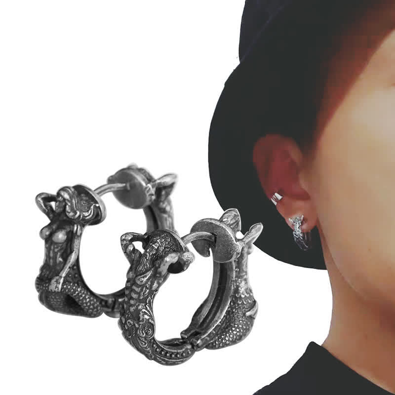 Pendientes de protección con patrón de aro de dragón de plata de ley 925 - image 2