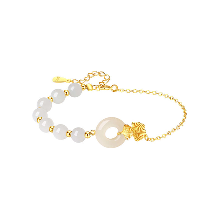 Pulsera de la suerte de hoja de ginkgo con hebilla de paz de jade blanco hetiano de plata de ley 925 con Buddha Stones