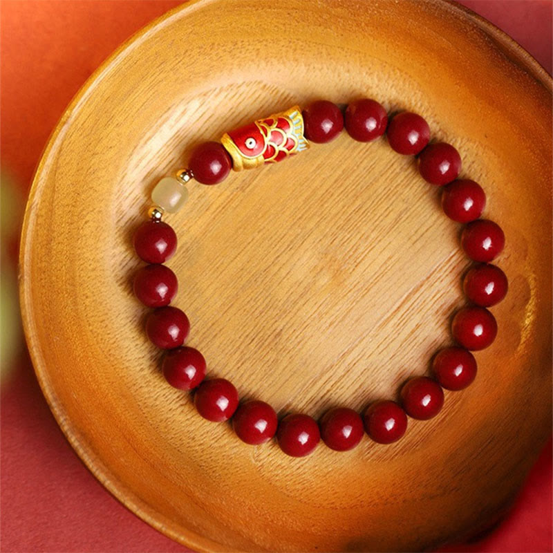 Pulsera de bendición con cuentas de jade hetiano, pez Koi de la suerte, cinabrio Natural , Buddha Stones