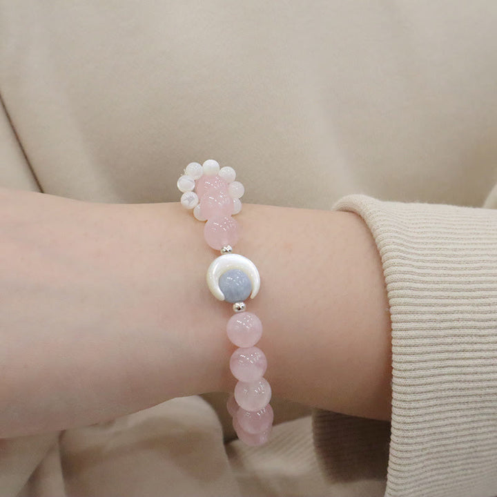 Pulsera de plata de ley 925 con Buddha Stones, amatista natural, aguamarina, cristal rosa, ojo de gato, luna creciente curativa